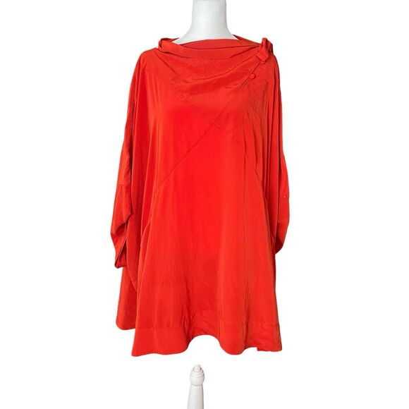 Malia Mills 2 Oversized Tunic Top Blouse Red Orange Pockets Flowy Unique - Picture 1 of 16